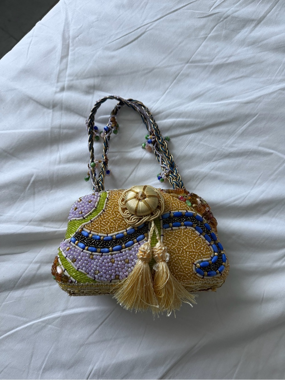 Vintage Beaded Embellished Gold Evening Bag with Tassels